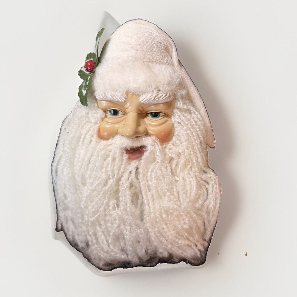 Vintage Santa Head Christmas Ornament Hard Plastic Face Soft Yarn Beard READ